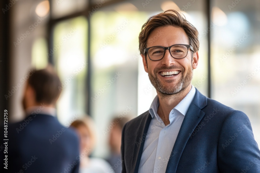 A business leader standing with a positive attitude, smiling while interacting with the team, fostering collaboration. A business leader standing with a positive attitude, smiling while interacting with the team, fostering collaboration.