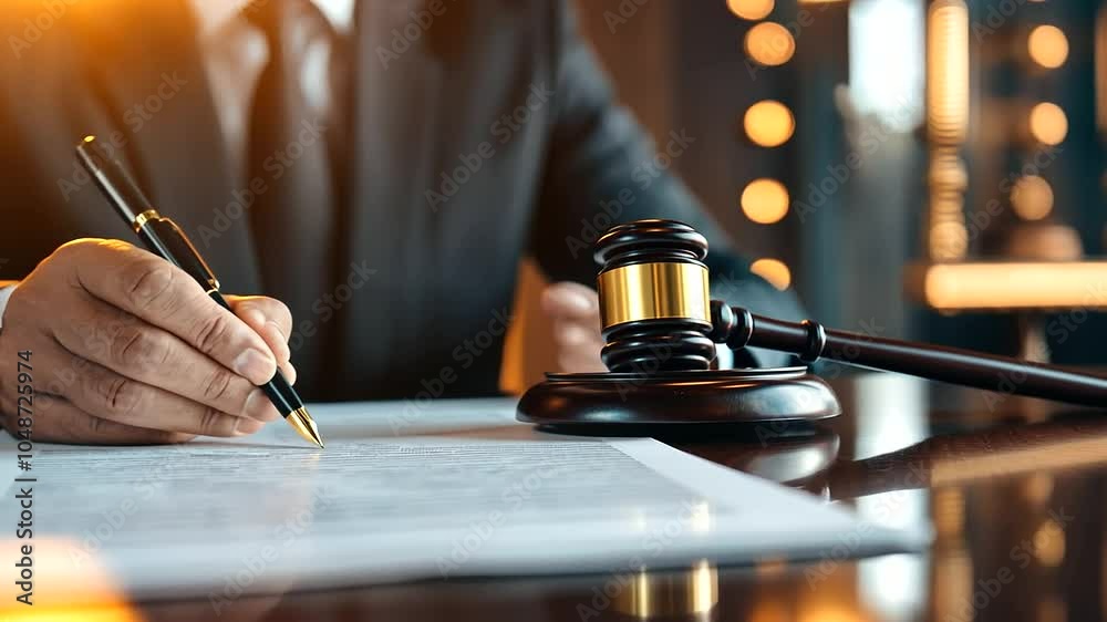 A male judge seated at his desk, holding a pen and reviewing a property contract, with a gavel in the foreground and a wooden house model representing real estate law A male judge seated at his desk, holding a pen and reviewing a property contract, with a gavel in the foreground and a wooden house model representing real estate law