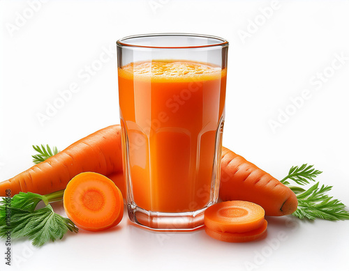 A glass of carrot juice isolated on a white background. with sliced carrot around it.