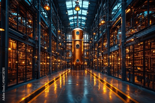 Industrial Building Interior with Glass Walls and a Large Tank