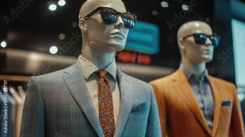 A men store offering a style guide, with mannequins dressed in versatile outfits and signage suggesting pairings and looks. photo