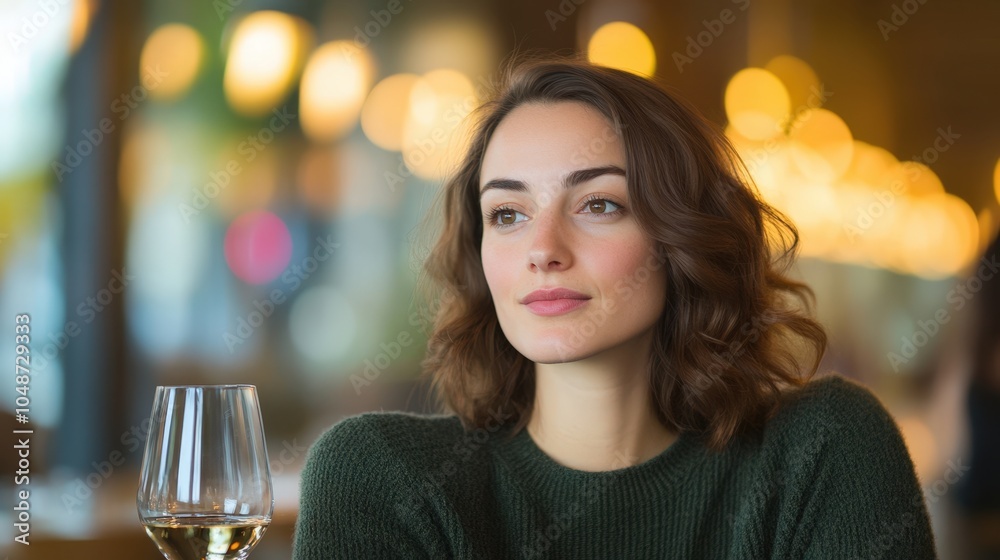 Portrait of a thoughtful woman with a glass of wine in a cozy setting Portrait of a thoughtful woman with a glass of wine in a cozy setting