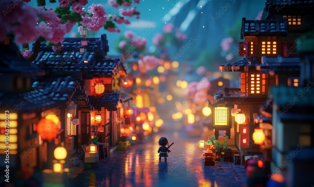 A lone figure walks down a lit, cobblestone street. A lone figure walks down a lit, cobblestone street.