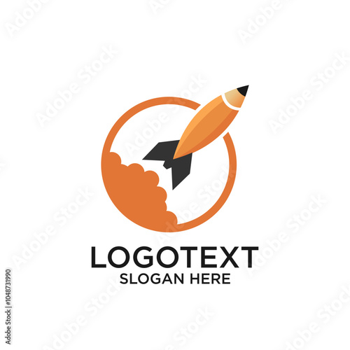 Rocket Launch Logo with Circular Emblem and Orange Smoke Trail