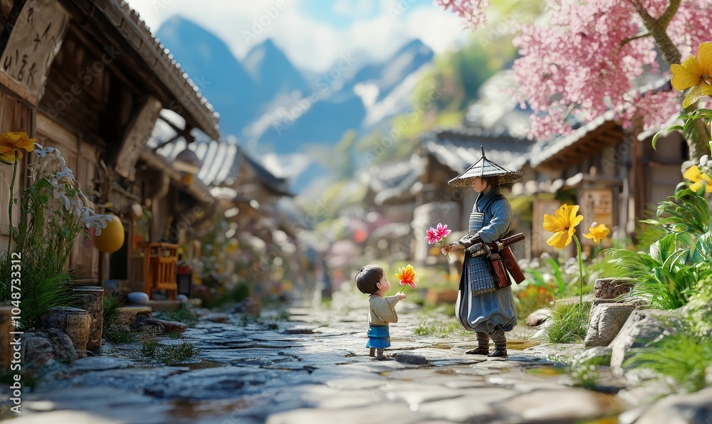 Two figures exchange flowers on a cobblestone path.