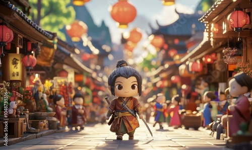 A samurai walks through a bustling Asian town.