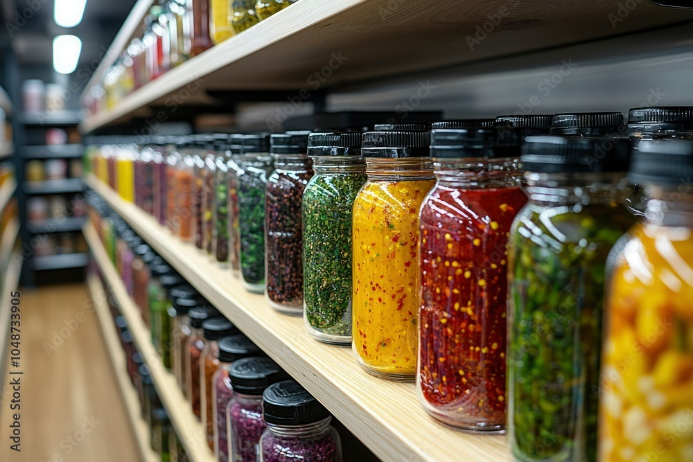 Rows of Glass Jars Filled with Various Colorful Ingredients on Wooden Shelves Rows of Glass Jars Filled with Various Colorful Ingredients on Wooden Shelves