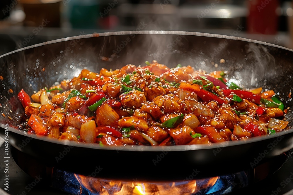Close-up of Steaming Chicken Stir-fry with Sesame Seeds in a Wok on a Stovetop Close-up of Steaming Chicken Stir-fry with Sesame Seeds in a Wok on a Stovetop