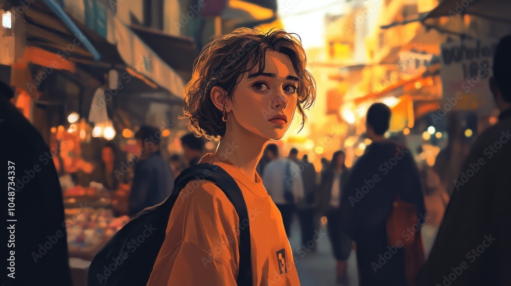 A shy and introverted person with a gentle expression, standing at the edge of a busy street market, feeling slightly overwhelmed yet intrigued by the people around them. A shy and introverted person with a gentle expression, standing at the edge of a busy street market, feeling slightly overwhelmed yet intrigued by the people around them.