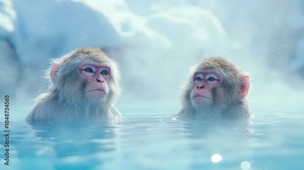 Fototapeta premium Two snow monkeys relaxing in a hot spring