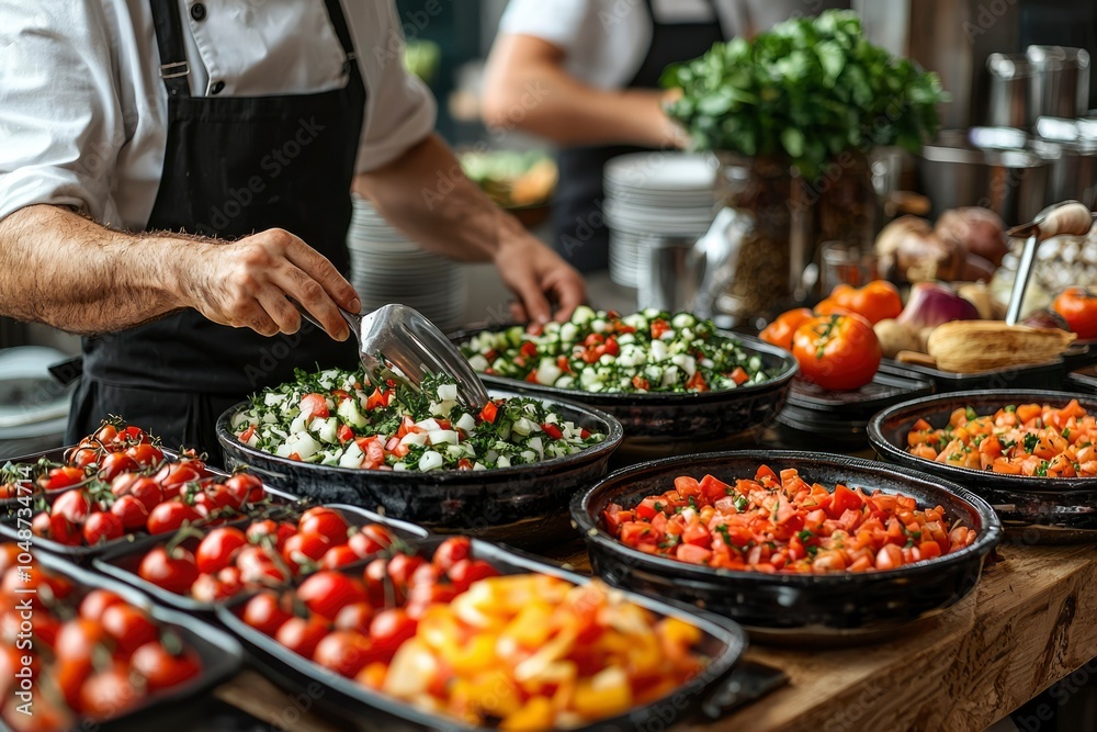 Obraz premium Chef Serving Fresh Salad with a Serving Spoon