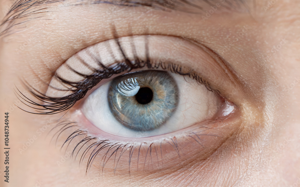 Fototapeta premium A close-up photo of a female eye with long, dark eyelashes