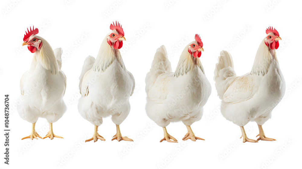 White chicken collection (portrait, standing, profile), animal bundle, isolated on white background White chicken collection (portrait, standing, profile), animal bundle, isolated on white background