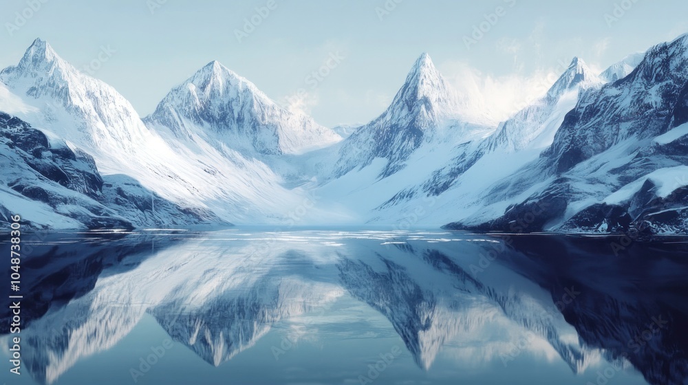 Obraz premium Icy mountain range with tall peaks and a still lake below, the perfect winter scene with reflections of the snow-covered landscape.