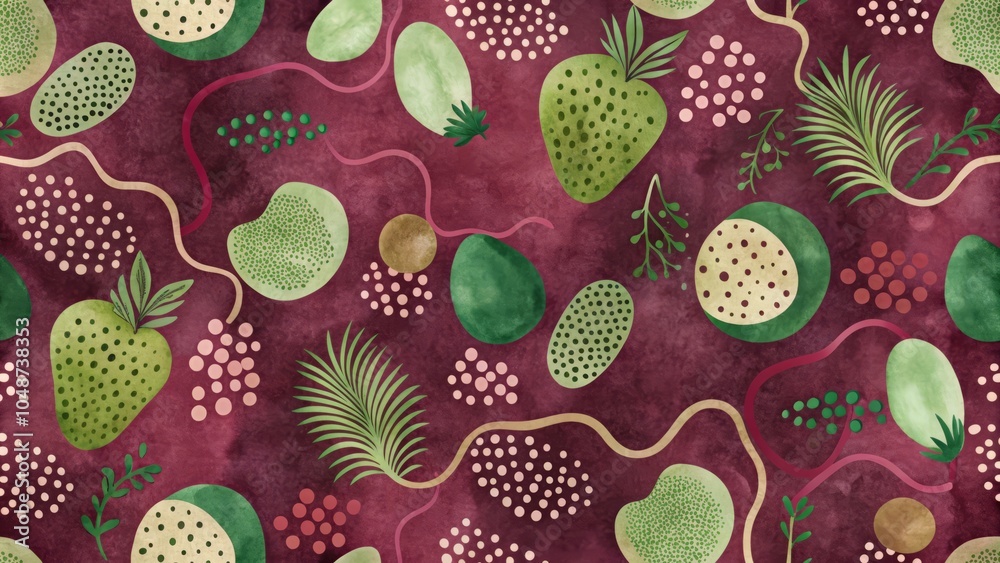 Whimsical Abstract Pattern Illustration Featuring Colorful Blobs in Deep Berry Tones and Shapes Whimsical Abstract Pattern Illustration Featuring Colorful Blobs in Deep Berry Tones and Shapes