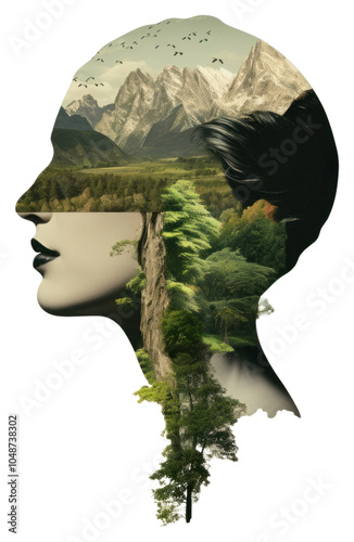 PNG Nature in human head landscape mountain collage. photo