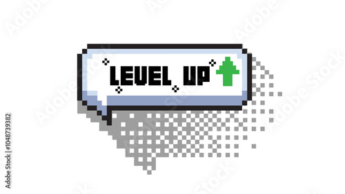 Pixel art 8-bit speech bubble saying level up