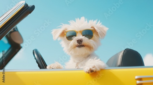 Adorable dog in sunglasses driving a yellow car