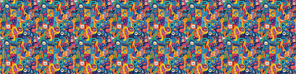 Naklejka premium Vibrant seamless abstract pattern with colorful naive art shapes