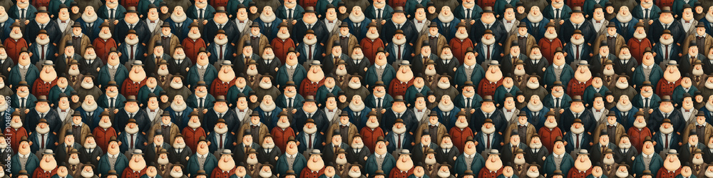 Obraz premium Diverse crowd of cartoon characters seamlessly patterned in colorful attire