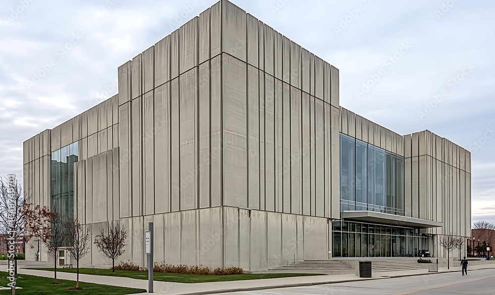 Obraz premium Modern concrete building with large glass windows, likely a cultural or educational facility.