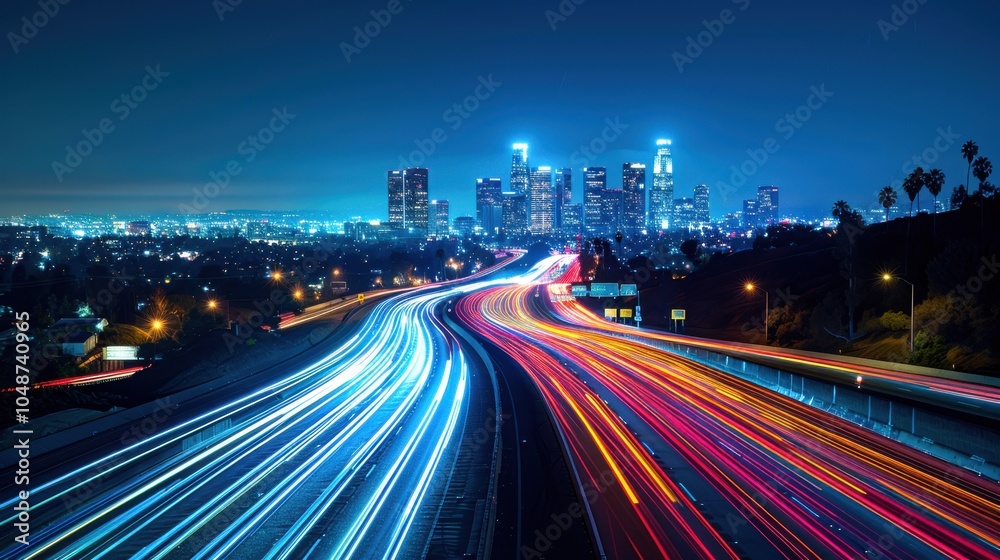 Fototapeta premium Dynamic night shot of a busy highway interchange, with streaks of headlights and taillights creating trails of light against a backdrop of a city skyline