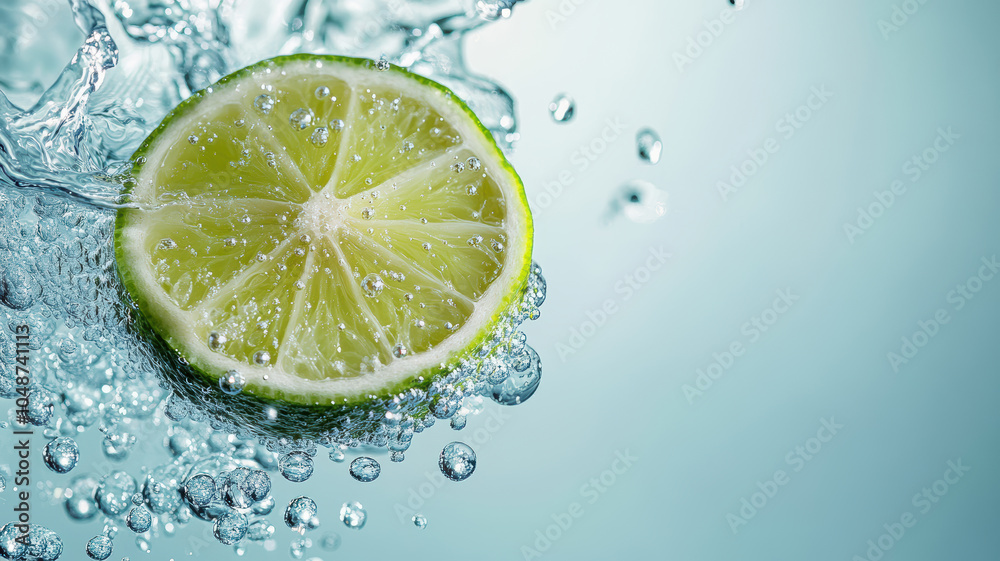 A lime is floating in a glass of water. The lime is cut in half and is surrounded by water droplets A lime is floating in a glass of water. The lime is cut in half and is surrounded by water droplets