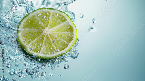 A lime is floating in a glass of water. The lime is cut in half and is surrounded by water droplets