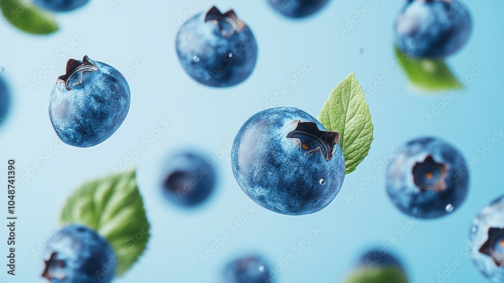 A blueberry is shown in the air with a leaf on it. The blueberries are scattered all over the image A blueberry is shown in the air with a leaf on it. The blueberries are scattered all over the image