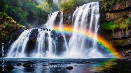 A Serene Waterfall Creates a Majestic Rainbow in a Lush Forest