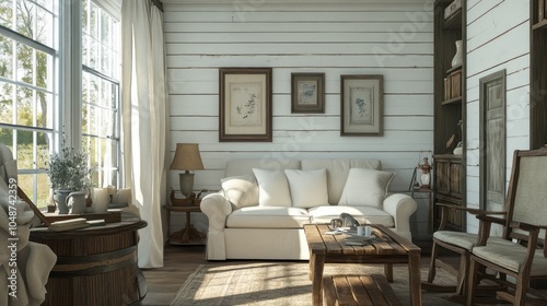 Farmhouse living room with shiplap walls, vintage furniture, and rustic decor elements for a charming, country-inspired space. photo