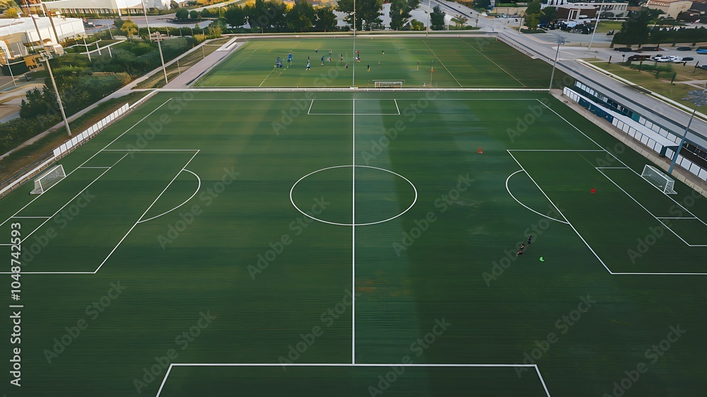 Obraz premium Aerial view of a soccer field with white lines and players engaged in action on a sunny day