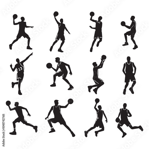 set Basketball player silhouettes on white background, vector illustration.