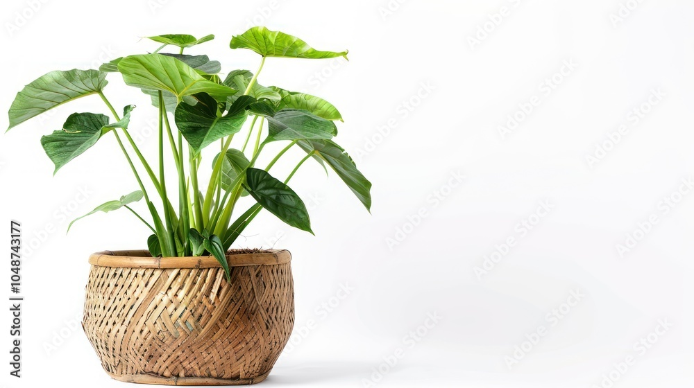 A potted green leafy plant with large leaves in a woven brown basket