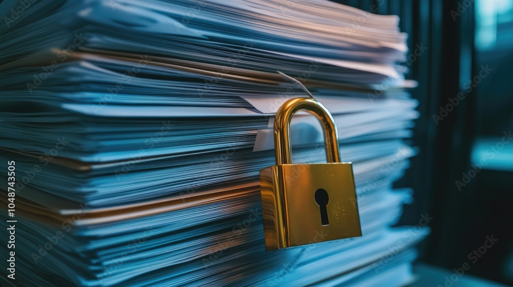 Naklejka premium Confidential documents stacked neatly with a golden padlock, symbolizing strong data security and protection in the workplace.