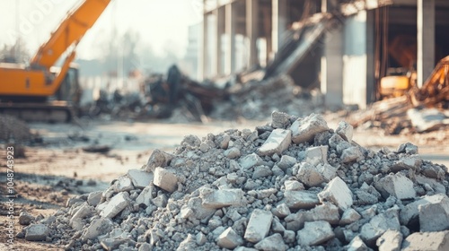 Crushed concrete debris piled up in the foreground of a construction site, with a partially collapsed structure in the background. photo