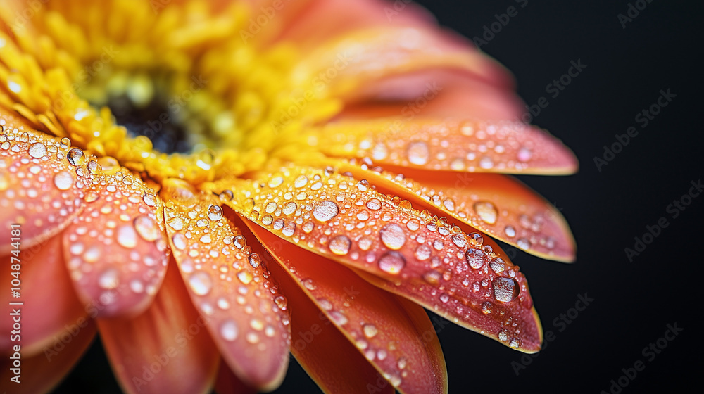 Macro shot of orange gerbera flower with dew drops on petals against black background for floral freshness theme Macro shot of orange gerbera flower with dew drops on petals against black background for floral freshness theme