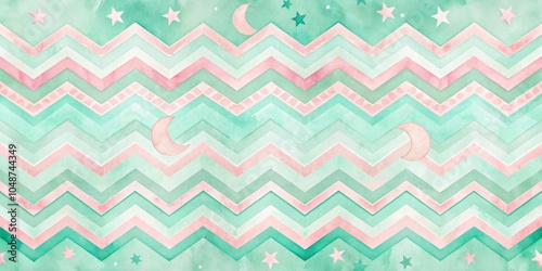 Whimsical Chevron Pattern with Crescent Moon Shapes in Soft Colors for Dreamy Decor and Designs