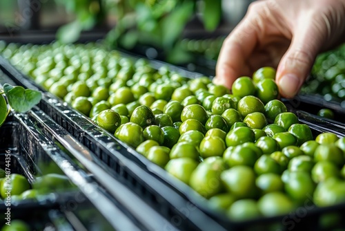 Hand Reaching for Green Olives in a Black Tray photo