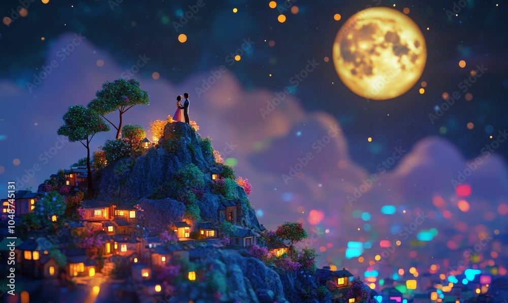 A couple embraces on a moonlit mountaintop village. A couple embraces on a moonlit mountaintop village.