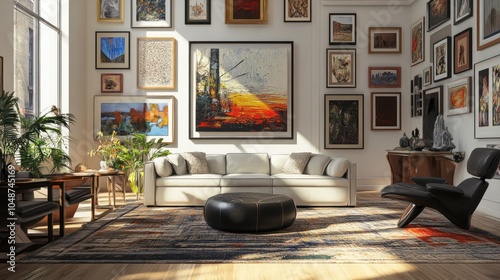 Living room with art gallery vibe, displaying a collection of framed artworks and sculptures, creating an artistic and curated space. photo