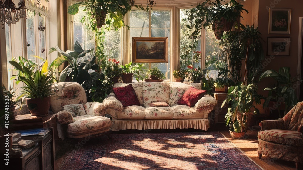 Fototapeta premium Living room with plants, adding greenery and life to the space through potted plants, hanging vines, and fresh flowers.