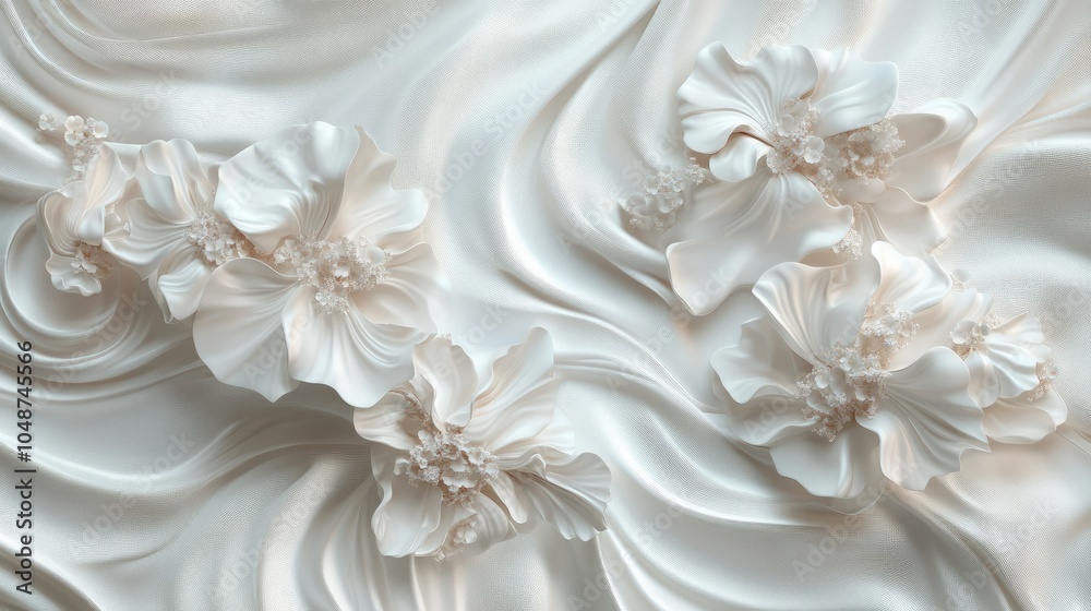 Flowing silk fabric adorned with intricate flowers, perfect for a stunning 3D wallpaper design. Elegant, soft, and luxurious. Flowing silk fabric adorned with intricate flowers, perfect for a stunning 3D wallpaper design. Elegant, soft, and luxurious.