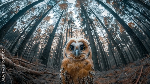 Fish-eye Lens Effect of an Owl Staring Wide-eyed at the Camera - In a dense forest with moonlight filtering through photo