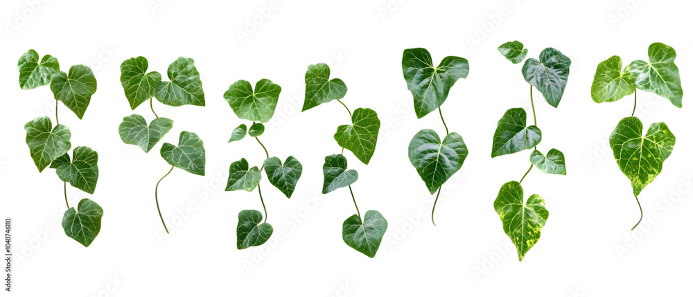 Fototapeta premium Set of green leaves from Javanese treebine or grape ivy (Cissus spp.), a jungle vine and hanging ivy plant bush foliage, on a white background with a clipping path isolated on white background