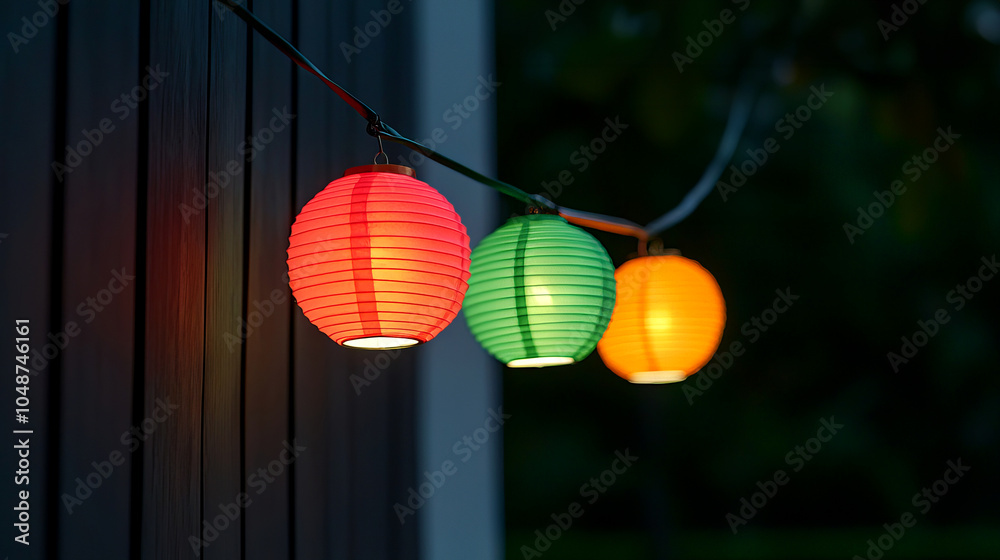 Obraz premium Colorful paper lanterns glowing softly in the dark, creating a warm and festive ambiance.