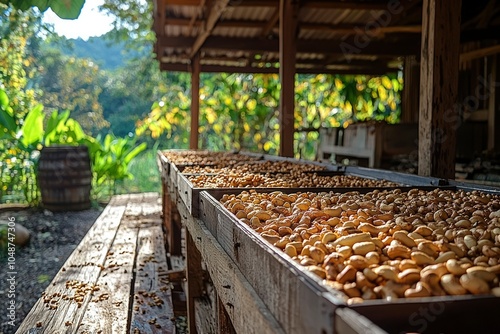 Cashew Nuts Drying in Wooden Trays Under a Covered Structure