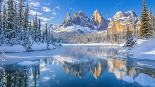 Snow-covered peaks towering over a reflective lake, framed by icy shores and frost-laden pine trees on a clear, sunny winter day.