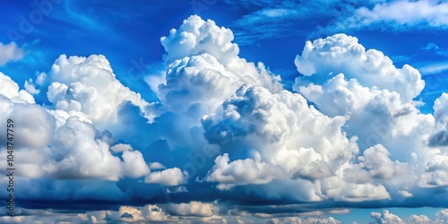 A vast, blue sky, adorned with towering, white cumulus clouds, a symphony of fluffy shapes against the azure canvas, painting a serene and majestic spectacle.