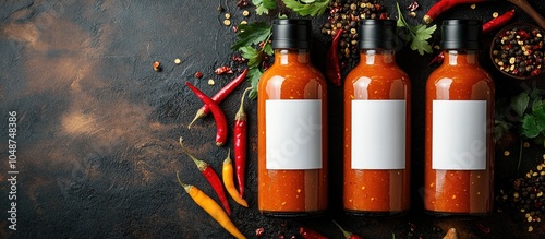 Three glass bottles of hot sauce with blank labels on a rustic wooden background, surrounded by red chili peppers, parsley, and spices. photo